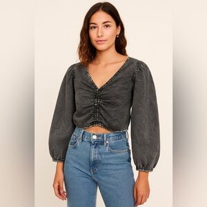 Day‎ + Moon Acid Wash Balloon Sleeve Cropped Top Black Size Large